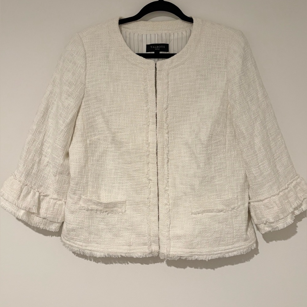 Talbots Women’s White Tweed Ruffle Sleeve Blazer Jacket Workwear Office 16P - Picture 2 of 9